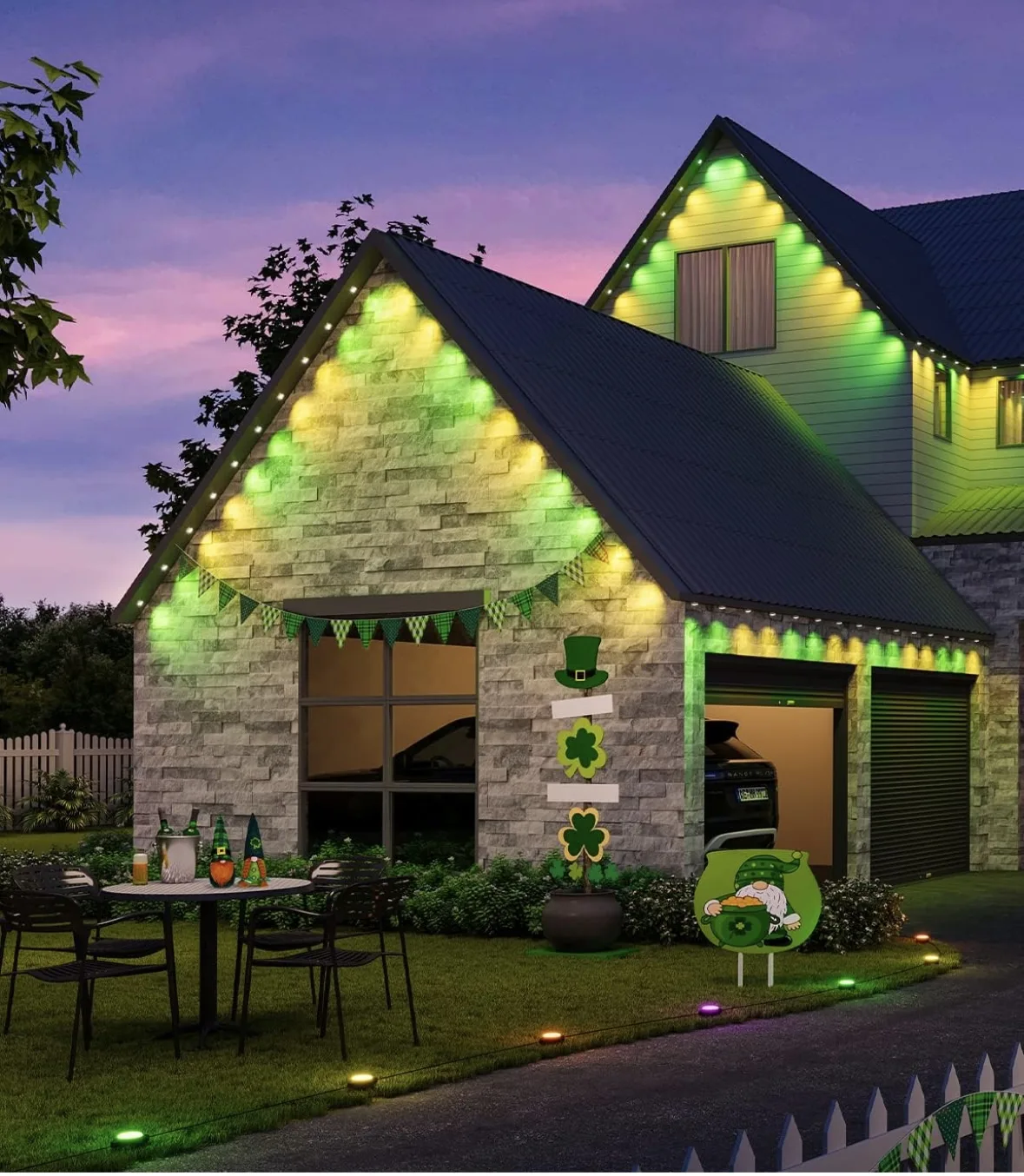 Inspiration concept of a home with green and gold permanent roofline lighting scenes for St. Patrick's Day