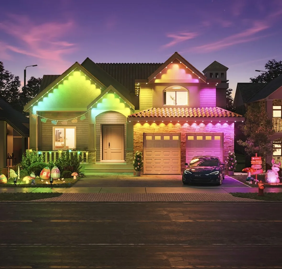 Inspiration concept of a home with pastel green, pink, and purple permanent lighting scenes for spring celebrations